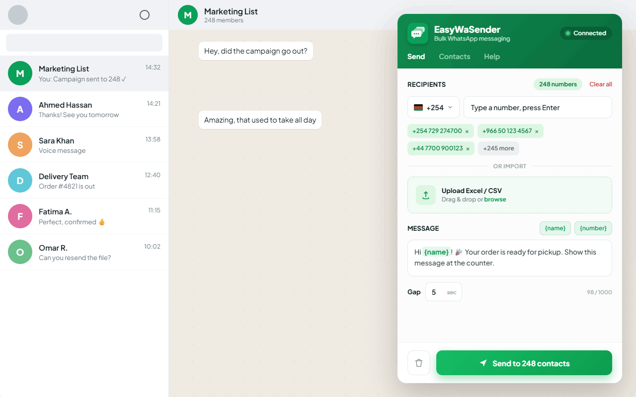 EasyWaSender composing a bulk message inside WhatsApp Web